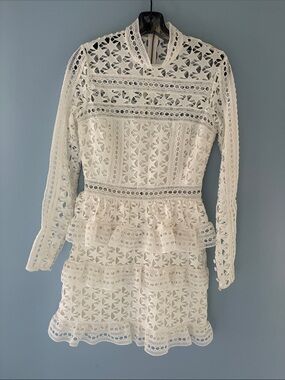Self-Portrait White Long-Sleeve Eyelet Lace Peplum Mini Dress